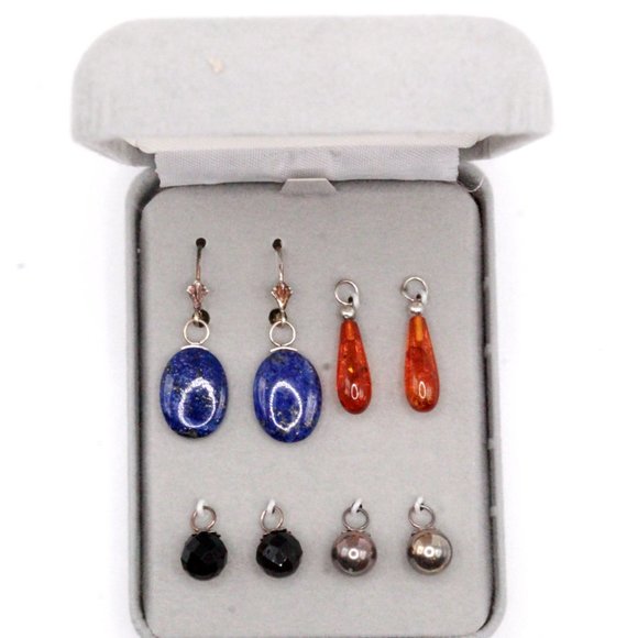 Sterling Silver Lapis Onyx Multi Stones Interchangeable NOS Dangle Drop Earrings - Picture 9 of 11